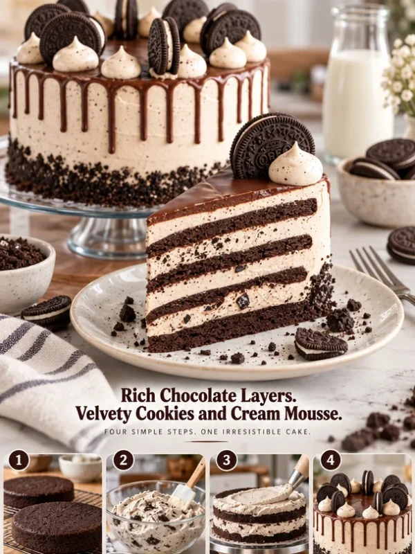 Delicious Cookies and Cream Mousse Cake topped with chocolate crumbs.