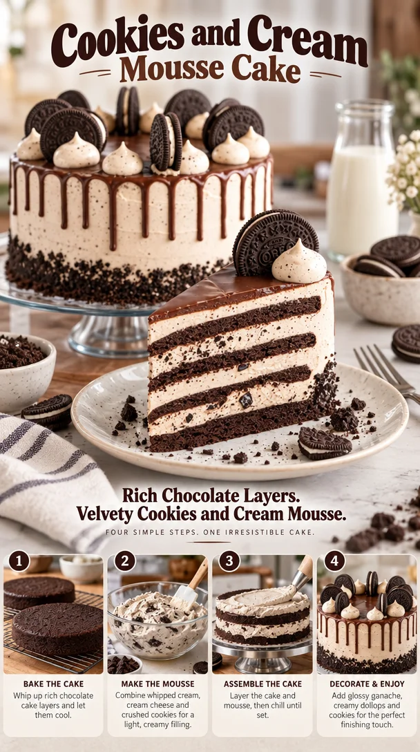 Delicious Cookies and Cream Mousse Cake topped with chocolate crumbs.