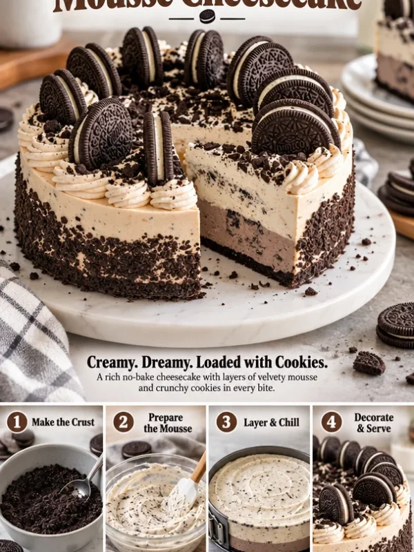 Delicious Cookies and Cream Mousse Cheesecake topped with crushed cookies.