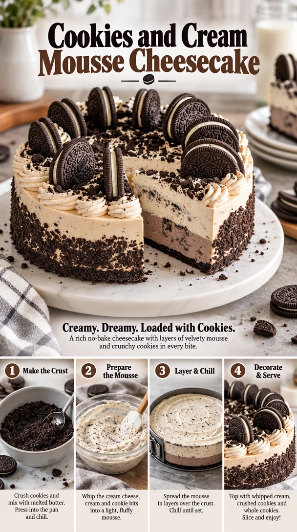 Delicious Cookies and Cream Mousse Cheesecake topped with crushed cookies.