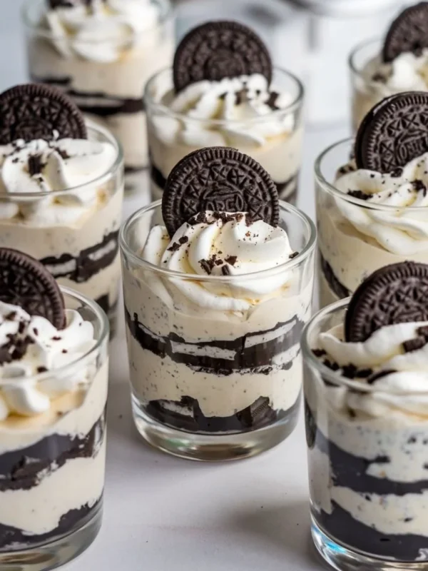 Delicious Cookies and Cream Mousse Cups topped with crushed cookies.