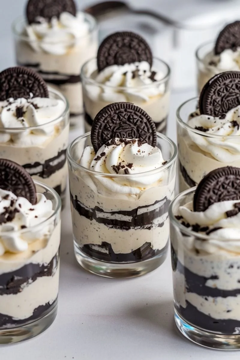 Delicious Cookies and Cream Mousse Cups topped with crushed cookies.