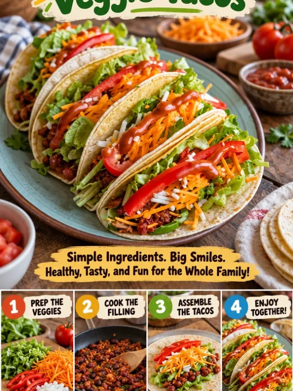 Colorful kid-friendly veggie tacos filled with fresh vegetables and toppings
