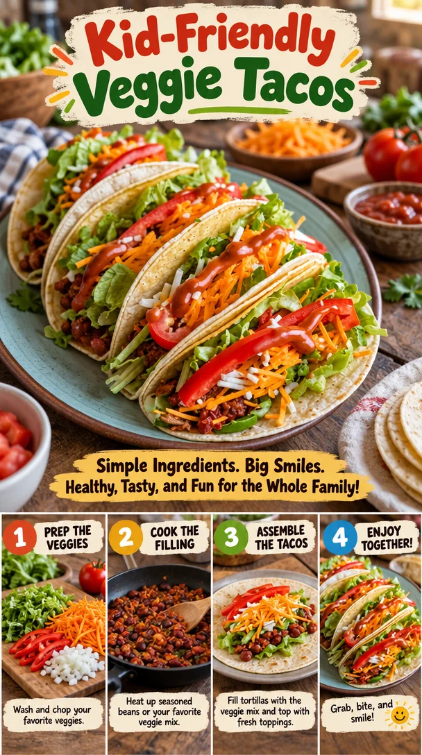 Colorful kid-friendly veggie tacos filled with fresh vegetables and toppings