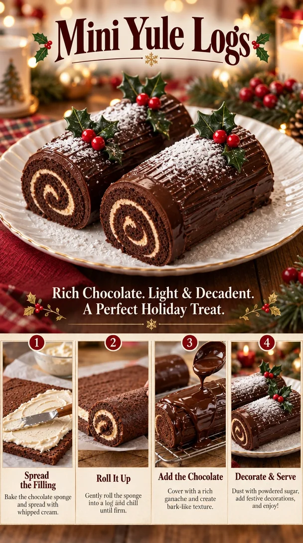 Mini Yule logs decorated for the holiday season