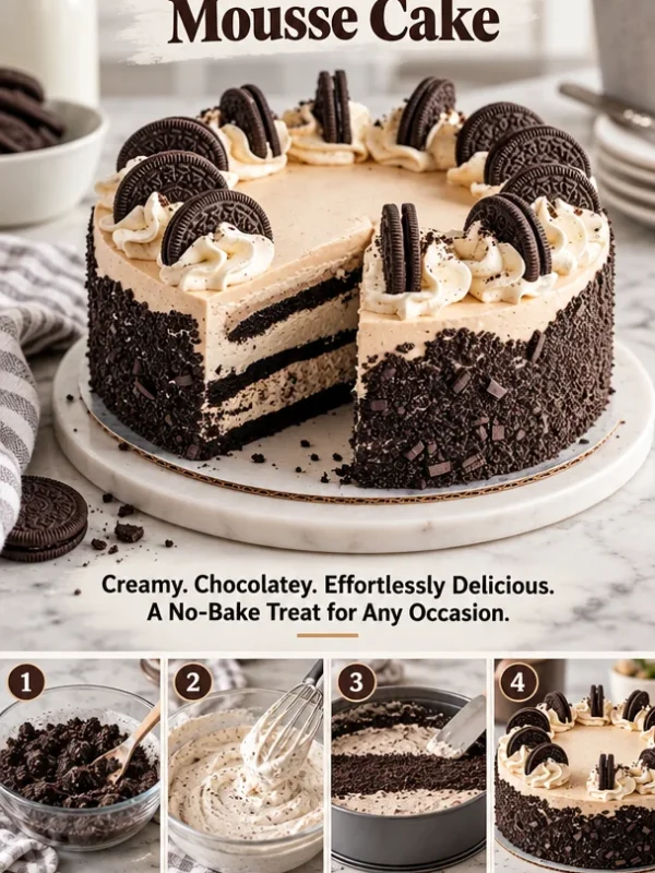 No-Bake Cookies and Cream Mousse Cake with chocolate cookies and cream layers