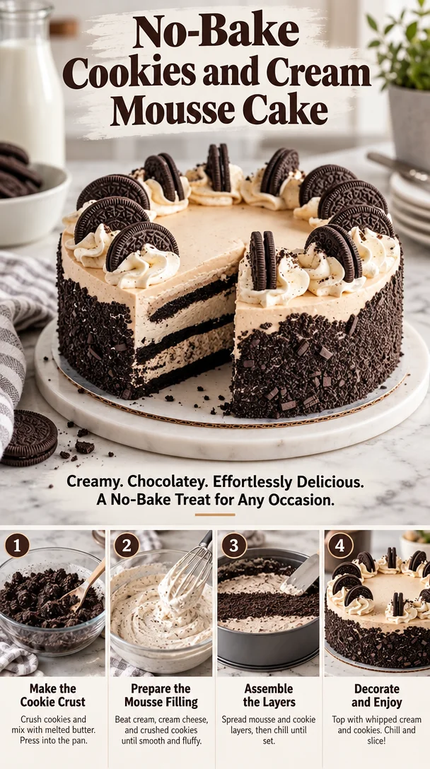 No-Bake Cookies and Cream Mousse Cake with chocolate cookies and cream layers